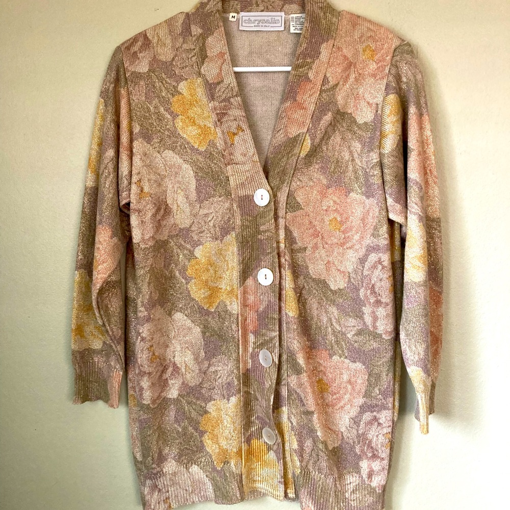 Vintage Shimmery Floral Cardigan Sweater Medium